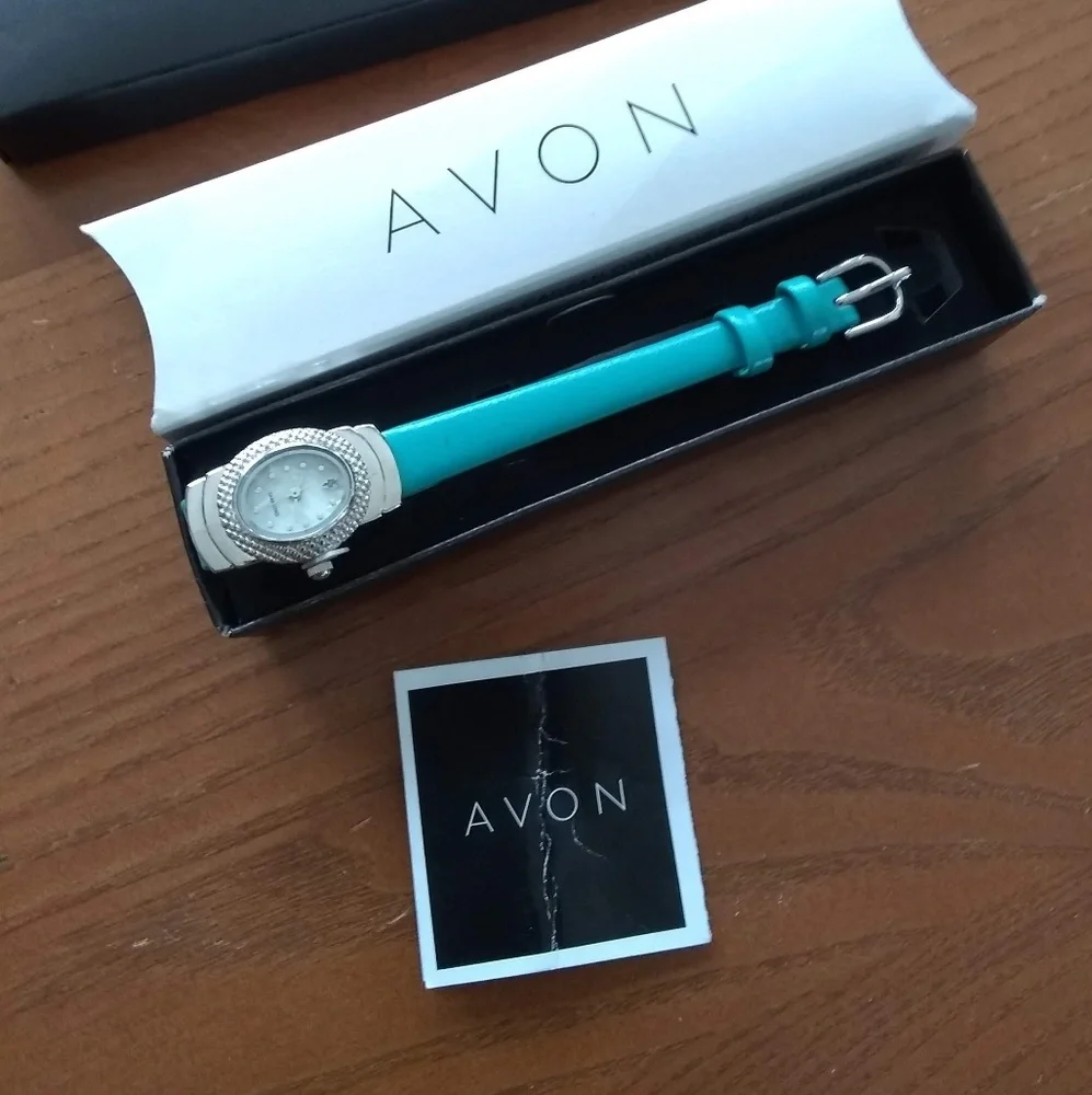 Avon Teal Leather Oval Dial Watch with Diamond Accent New in Box